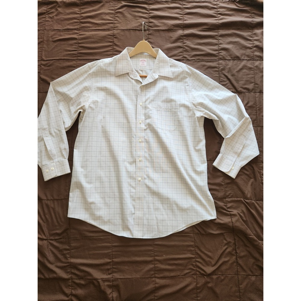 Brooks Brothers 346 Men's Non-Iron Dress Shirt | 17 34/35 XL | Blue Tan Grid